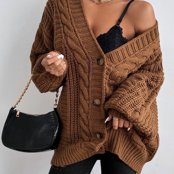 Brown Casual Womens Solid Button Front Cable Knit Cardigan - Picture 4 of 5